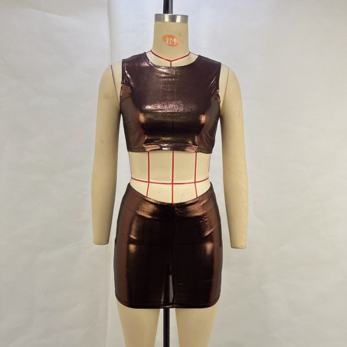 Metallic Gold Sleeveless Crop Top and Bodycon Mini Skirt Set
