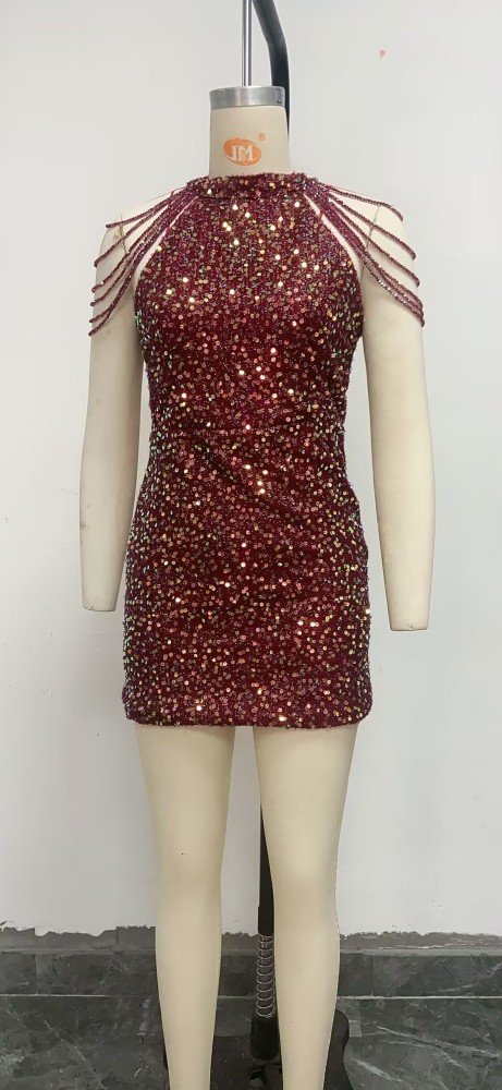 Off-Shoulder Tassel Sparkling Crystal Embellished Dress