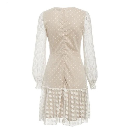 White Polka Dot Lace Patchwork Long Sleeves Mid Dress