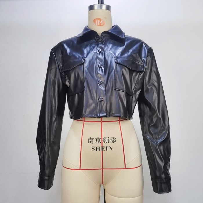 PU Faux Leather Crop Jacket Lapel Long Sleeve Button Down Solid Shirt Top Outerwear Streetwear