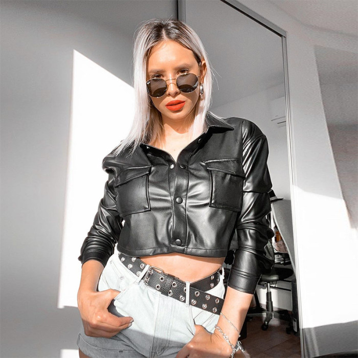 PU Faux Leather Crop Jacket Lapel Long Sleeve Button Down Solid Shirt Top Outerwear Streetwear