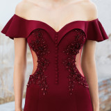 Ruffled Off-Shoulder Embroidered Mermaid Gown