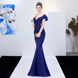 Ruffled Off-Shoulder Embroidered Mermaid Gown