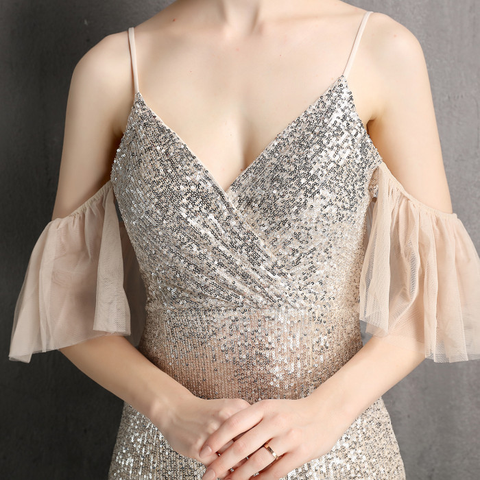 Off-The-Shoulder Gown Vintage Bridesmaid Wedding Sequin Mermaid  Gown