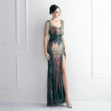 Short-Sleeve V-Neck Sequined Mermaid Evening Gown