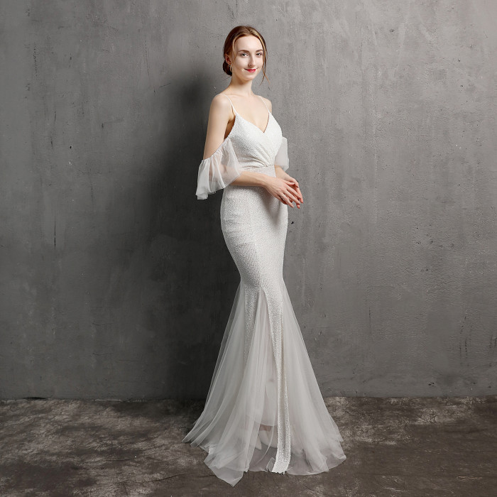Off-The-Shoulder Gown Vintage Bridesmaid Wedding Sequin Mermaid  Gown