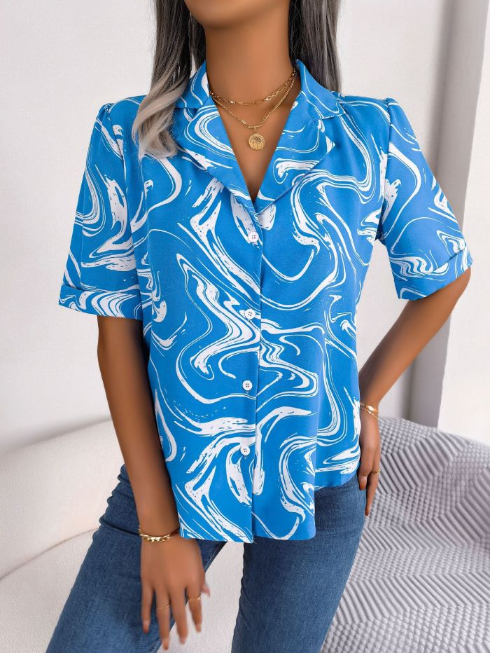 Printed Relaxed Fit Short-Sleeve Shirt with Contrasting Lapel