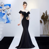 Ruffled Off-Shoulder Embroidered Mermaid Gown