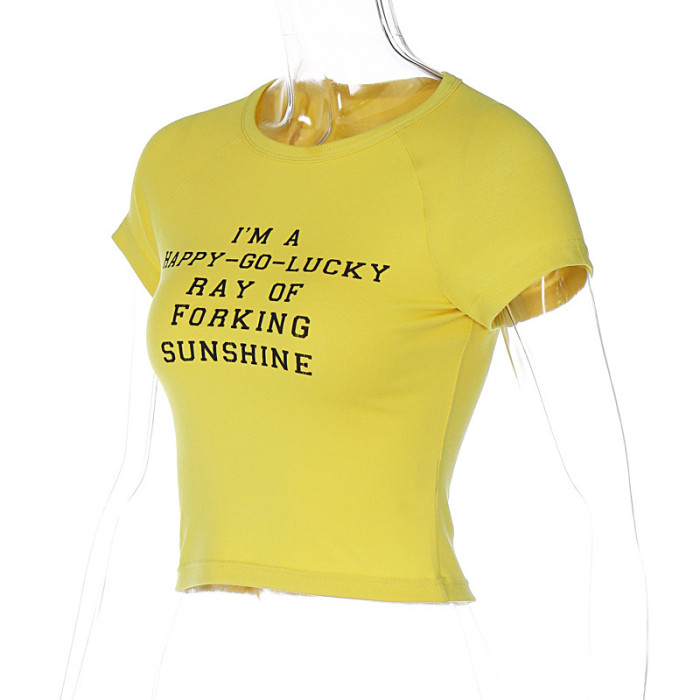 Yellow Round Neckline Short-sleeved T-shirt with Letter Print