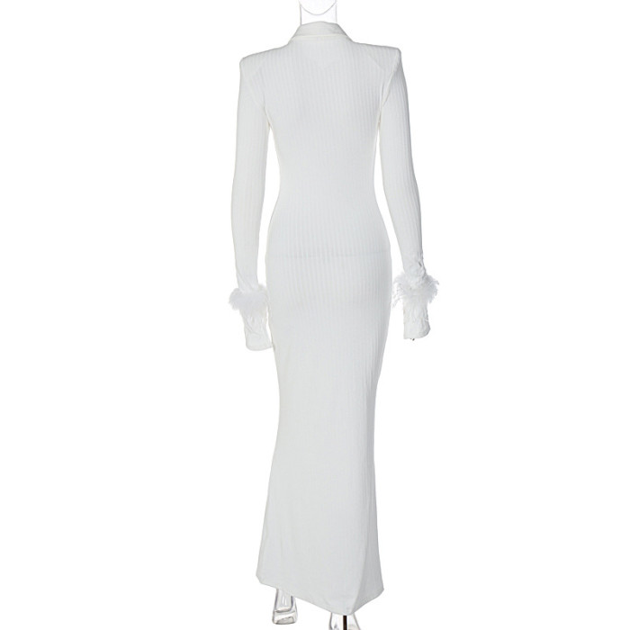 White Long Polo Collar Feather Cuff Midi Dress