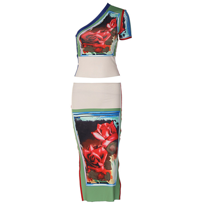 Retro-Printed Two-Piece Set with Asymmetric Shoulder and Single Sleeve