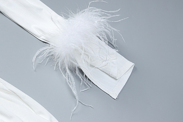 White Long Polo Collar Feather Cuff Midi Dress