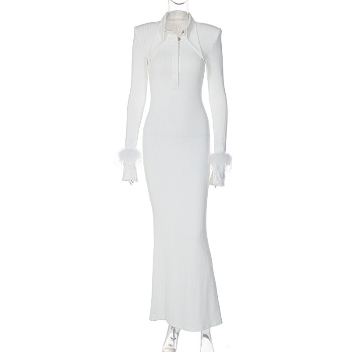 White Long Polo Collar Feather Cuff Midi Dress