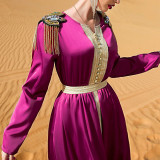 Long Sleeves Rhinestone Contrast Trim Tie Back Satin Kaftan Party Dress