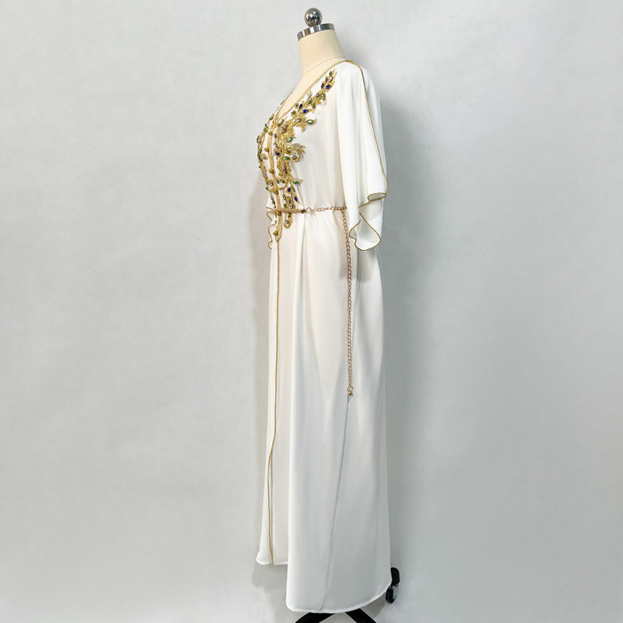 Golden Lace Embroidery Hand-stitched Rhinestone Evening Kaftan Dress