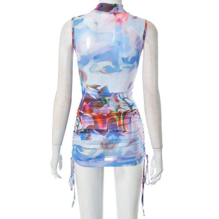 Breezy Bohemian Chic: Floral Mesh Sleeveless Top and Mini Skirt Set