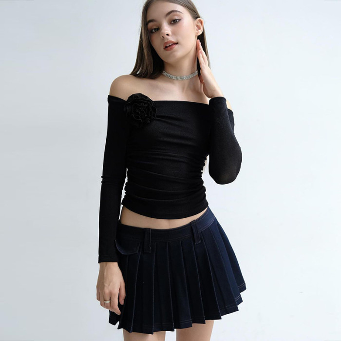 Off-Shoulder Long Sleeves Tight-Fit Ruched T-Shirt