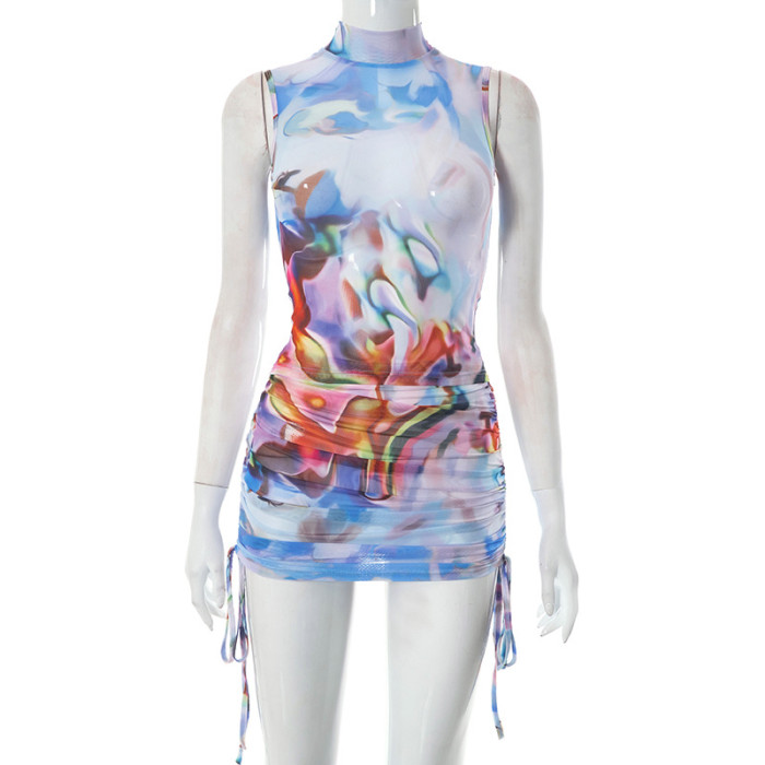 Breezy Bohemian Chic: Floral Mesh Sleeveless Top and Mini Skirt Set