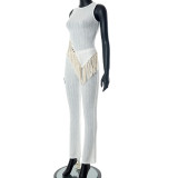 White Irregular Fringe Sleeveless Top and Pants Casual Set