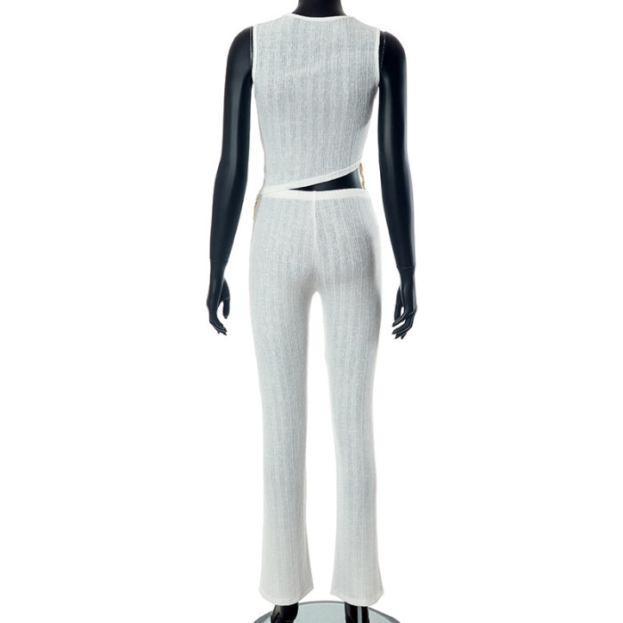 White Irregular Fringe Sleeveless Top and Pants Casual Set