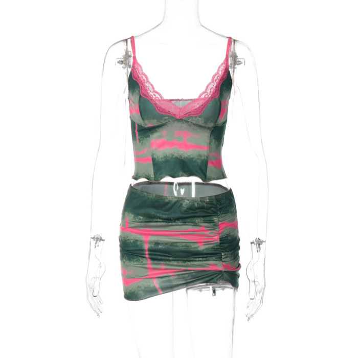 Tie-dye Multi-color Printed V-neck Lace Trimmed Camisole and Super-Short Skirt two piece Set
