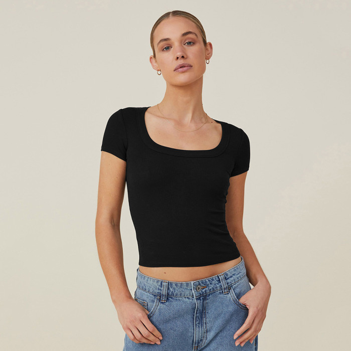 Square Neckline And Ribbed Knit Fabric Short Sassy Women's Top