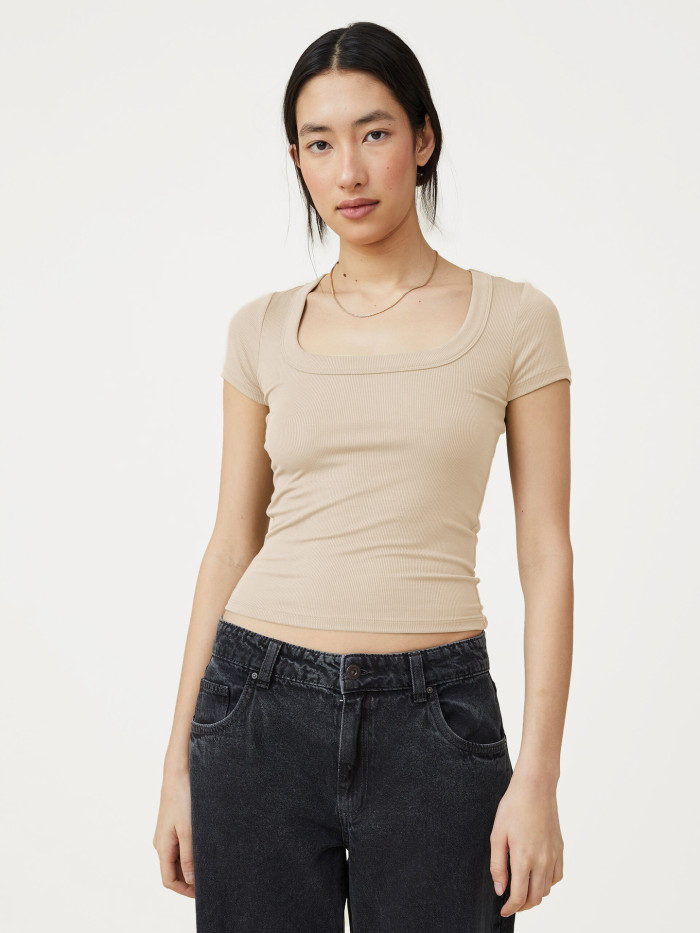 Square Neckline And Ribbed Knit Fabric Short Sassy Women's Top