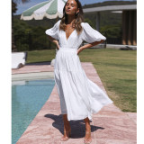 Deep V-neck Bubble Sleeve Vacation Dress