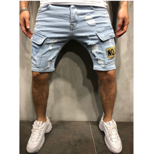 Men's Badge Design Distressed Holes Mid-Length Skinny Jeans