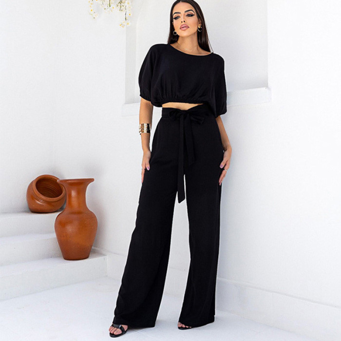Round Necked Short Sleeved Top and High Waisted Tie-up Trousers Two-piece Set