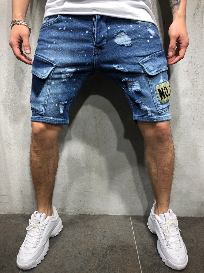 Men's Badge Design Distressed Holes Mid-Length Skinny Jeans