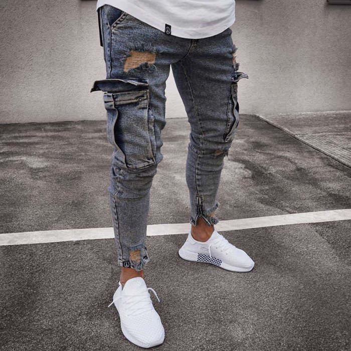 Men's Fashion Distressed Knee Zip Skinny Jeans