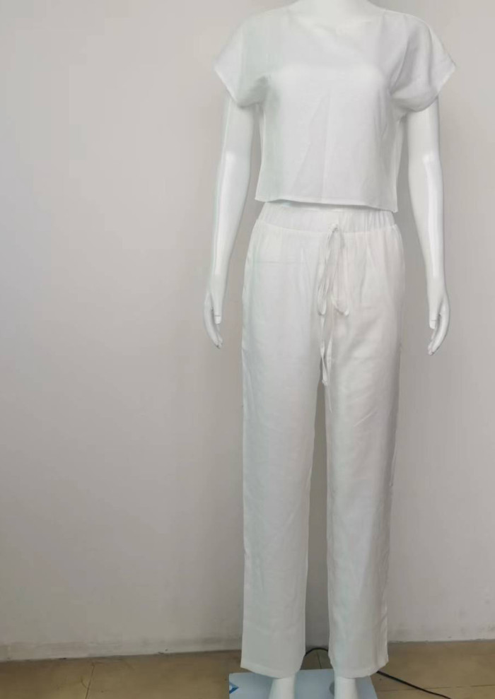 High Waisted Wide Leg Pants and Loose-fitting Cotton and Linen Top Two-piece Set