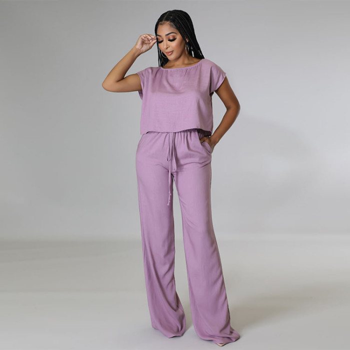 High Waisted Wide Leg Pants and Loose-fitting Cotton and Linen Top Two-piece Set