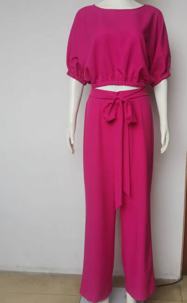 Round Necked Short Sleeved Top and High Waisted Tie-up Trousers Two-piece Set