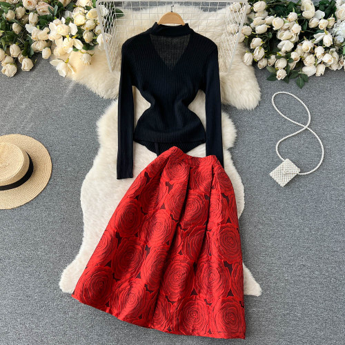 Cross V-neck Irregular Knit Sweater Top + Flared 3D Rose Print Midi Skirt Set