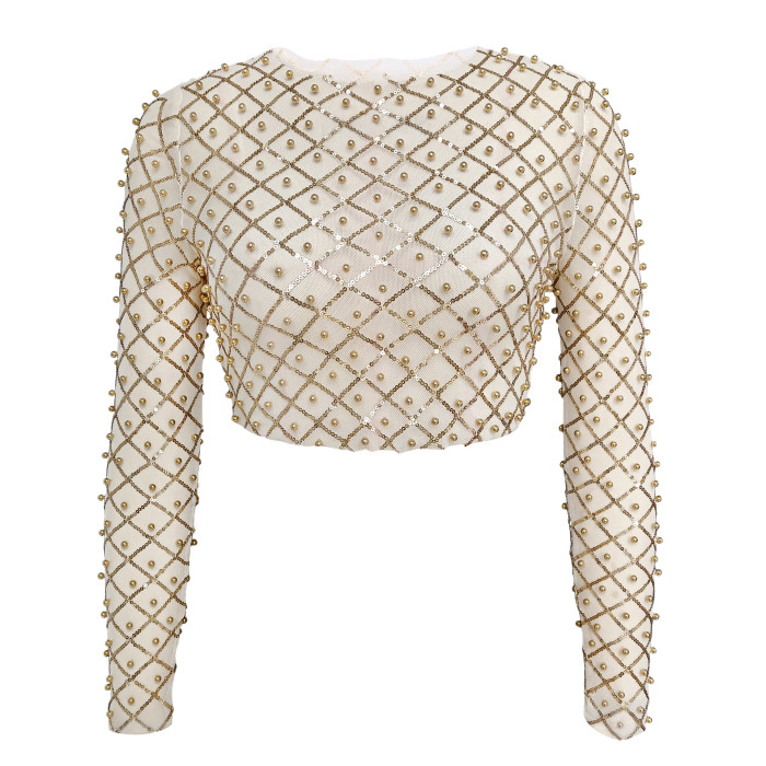 Sparkling Sensuality Sheer Mesh Beads Sequins Long-Sleeve Top