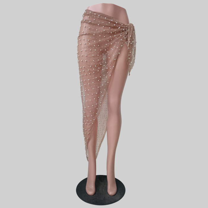Seductive Pearl and Rhinestone Tie-Up Belt Mesh Skirt