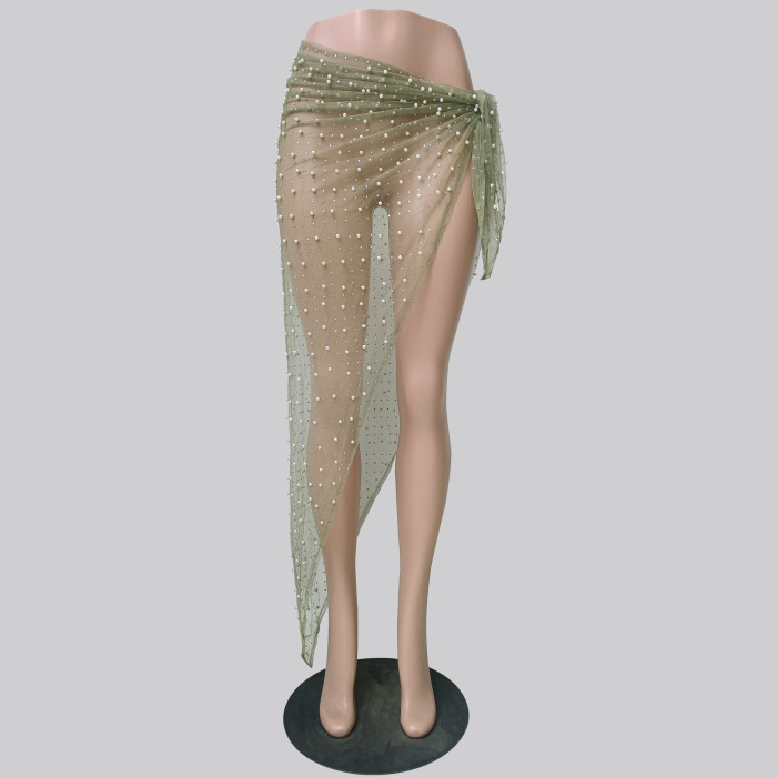 Seductive Pearl and Rhinestone Tie-Up Belt Mesh Skirt