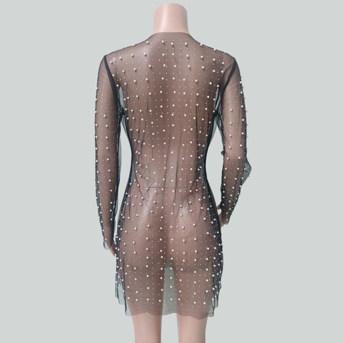 Sparkling Gems Sheer Long Sleeve V-Neck Split Beach Dress