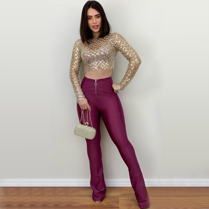 Sparkling Sensuality Sheer Mesh Beads Sequins Long-Sleeve Top