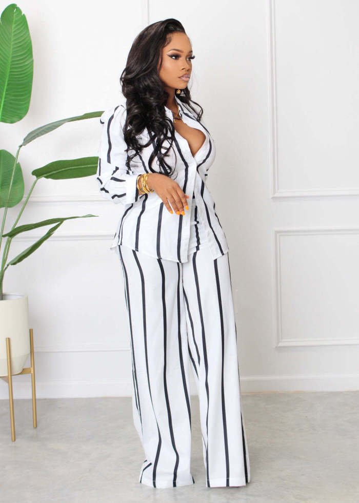 Striped Print Shirt and Loose Straight Pants Two-Piece Set