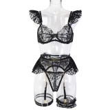 Women's  Metal Chain Lace Embroidered Eyelash 7 Pieces set Sexy Underwear