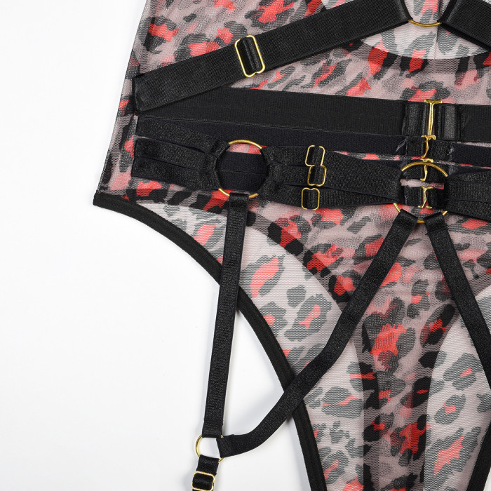 Leopard Print Sheer Mesh Bodysuit with Bondage Straps and Steel Boning
