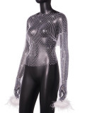 Women Glitter Diamond Mesh Hollow Long Sleeve T-Shirt