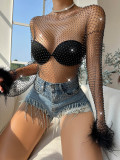 Women Glitter Diamond Mesh Hollow Long Sleeve T-Shirt