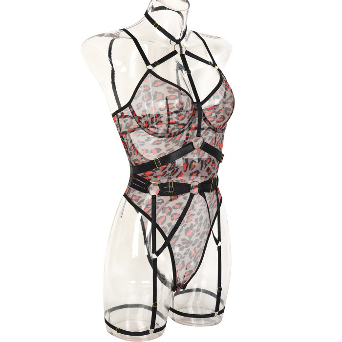 Leopard Print Sheer Mesh Bodysuit with Bondage Straps and Steel Boning