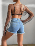 Women Fishnet Blouse Sexy Hollow Bright Diamond Trendy Long Sleeve Beaded Top