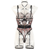 Leopard Print Sheer Mesh Bodysuit with Bondage Straps and Steel Boning