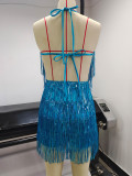 Sexy Nightclub Style Spaghetti Strap Backless Sequin Tassel Jumpsuit Short